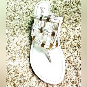 Solanz Women White with Embroidery Gold Clips Design Platform Slip on Sandals 9